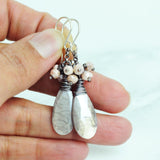 Gray quartz, pink opal cluster earrings | Silver dangles