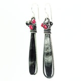 Silver drop earrings with black quartz and pink ruby