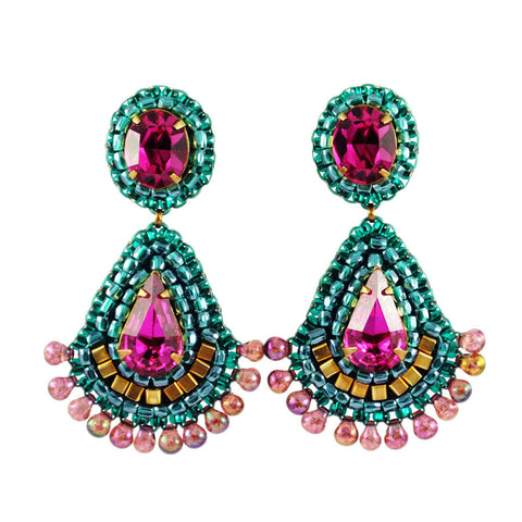 Emerald fuchsia gold dangle earrings - Exquistry - 1