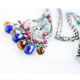 Blue lapis lazuli, earthy quartz, multi color statement necklace